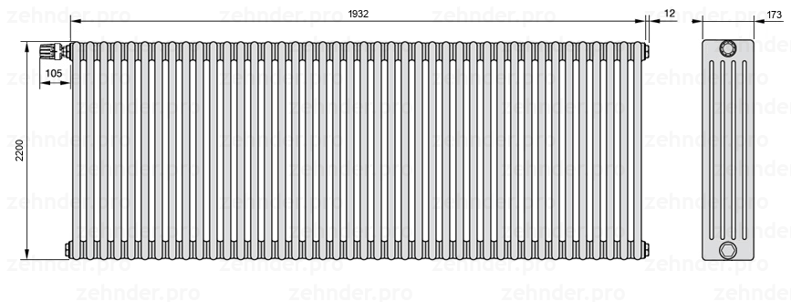 Схема (чертеж) Радиатор Zehnder Charleston 5220/42 №V011 Белый глянцевый RAL 9016